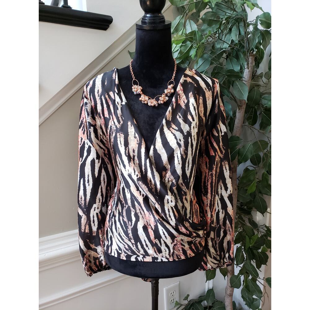 KAII Top Blouse Womens XL Black Beige Leopard Print Surplice V Neck Tie Back